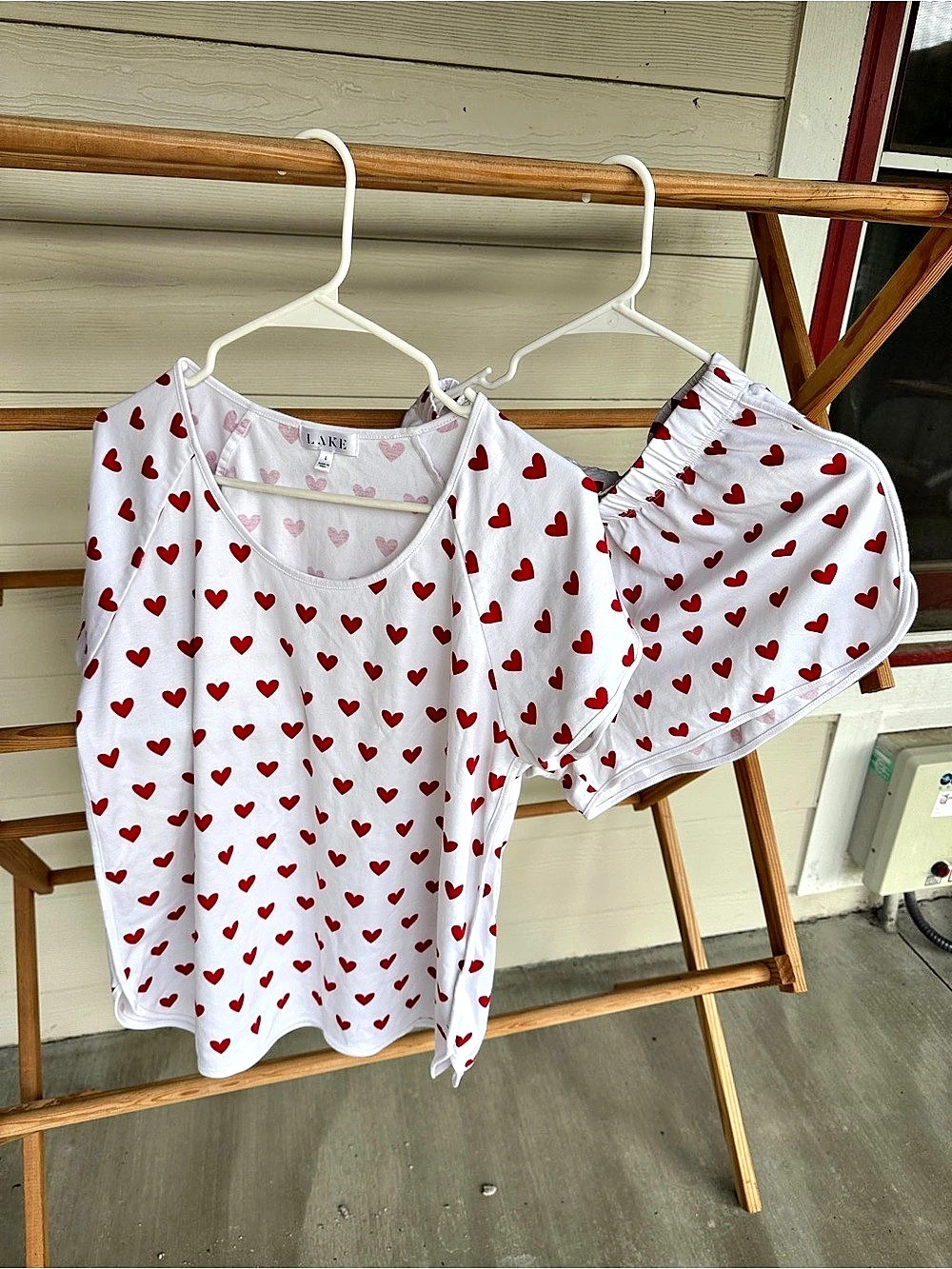 LAKE Short Set Red Hearts Heart Print Pajama Set White & Red large